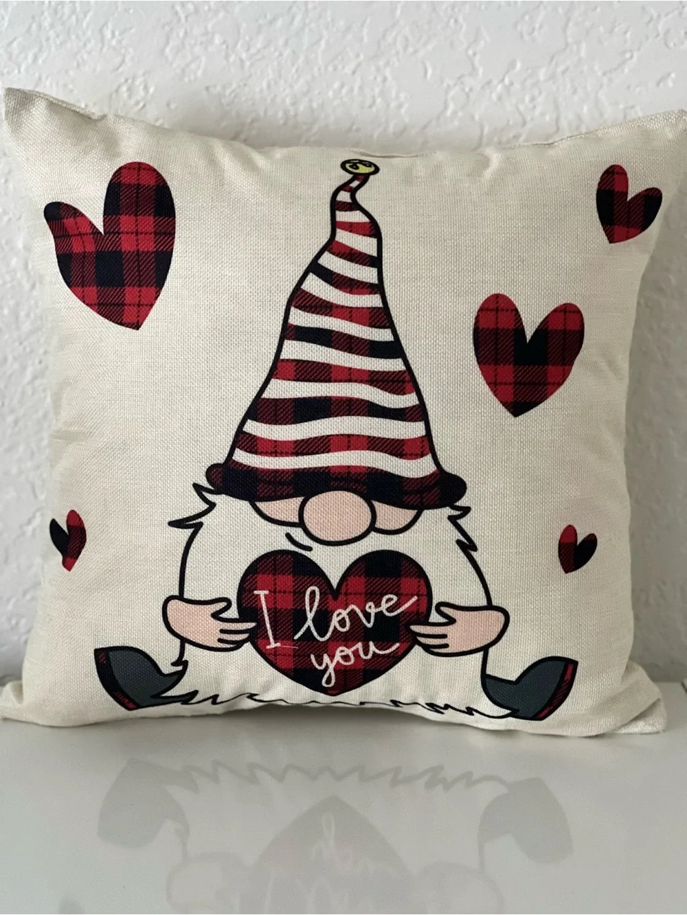Valentine Gnome Decorative Throw Pillow Covers - Red Plaid